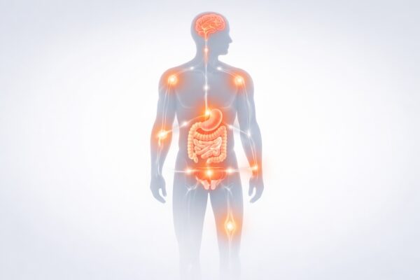 Medical illustration showing chronic inflammation affecting joints, brain, gut, metabolism, and hormones.
