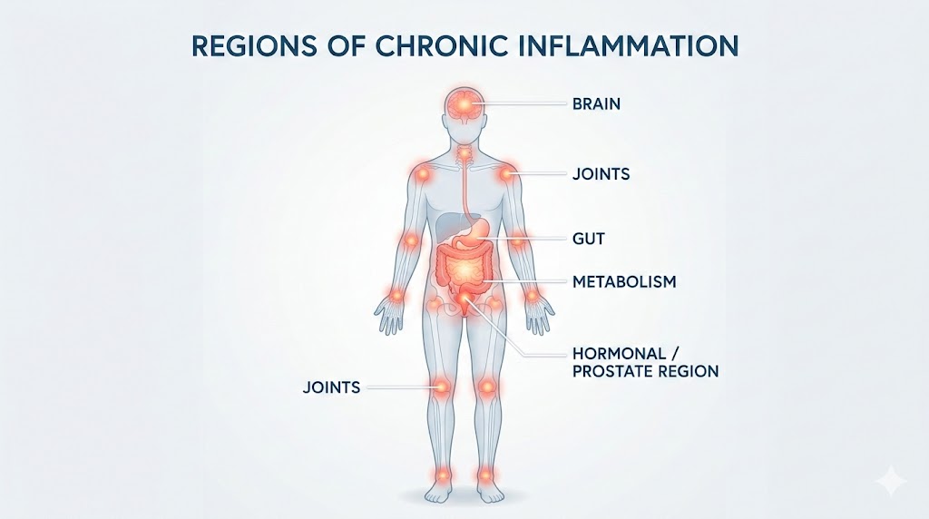 Medical illustration showing chronic inflammation affecting joints, brain, gut, metabolism, and hormones.