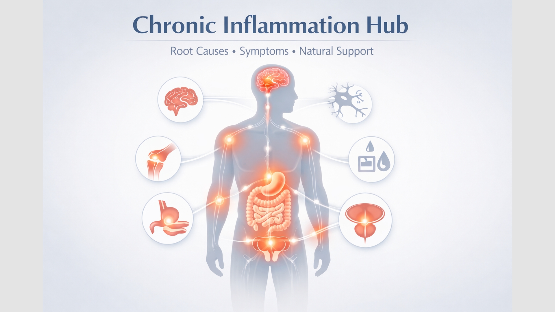 Chronic inflammation hub showing highlighted body systems including joints, brain, gut, metabolism, and hormones.