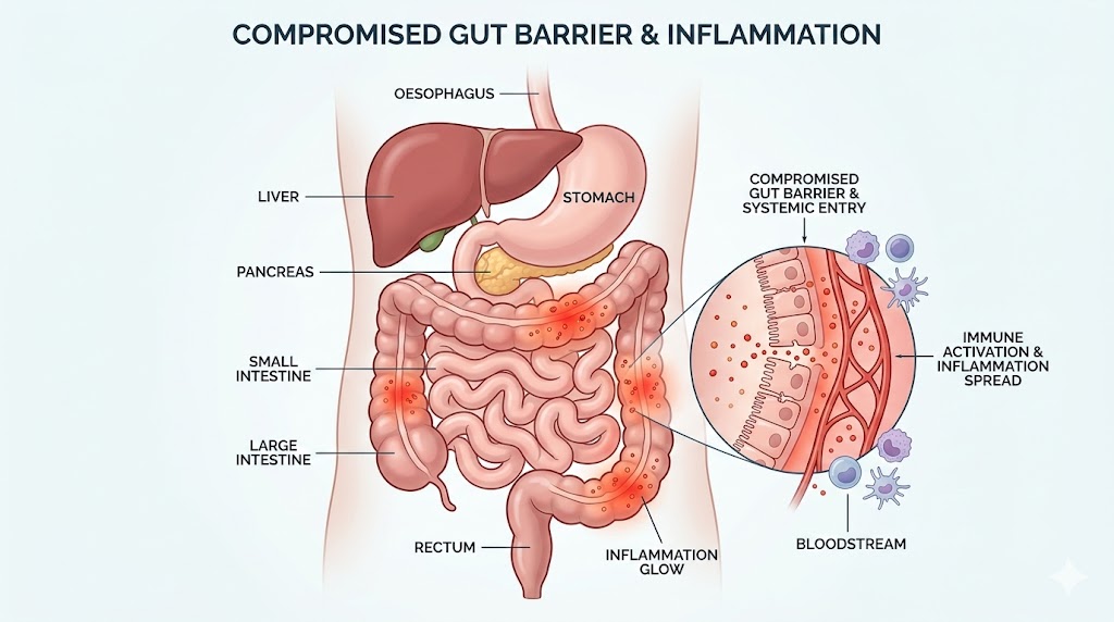 Medical illustration showing gut inflammation and compromised intestinal barrier affecting the immune system.