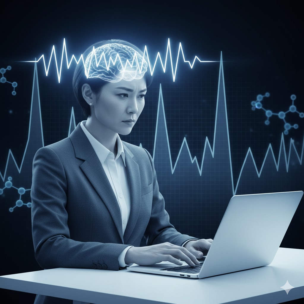 High-functioning anxiety showing internal stress behind outward productivity.