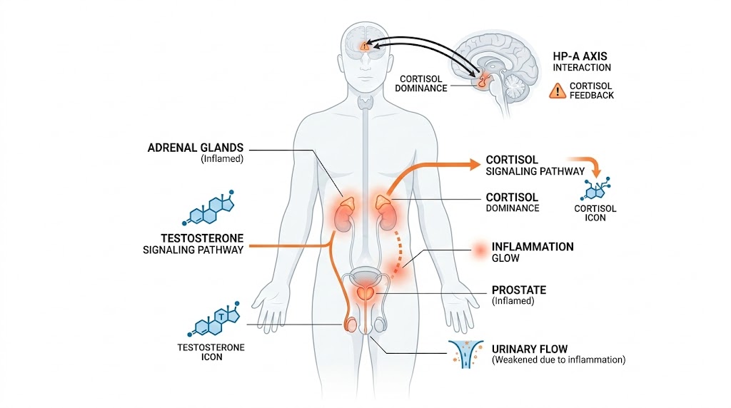 Medical illustration showing hormonal and prostate inflammation affecting testosterone, cortisol, and urinary function.