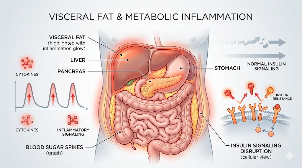 Medical illustration showing metabolic inflammation involving visceral fat, blood sugar, and insulin resistance.