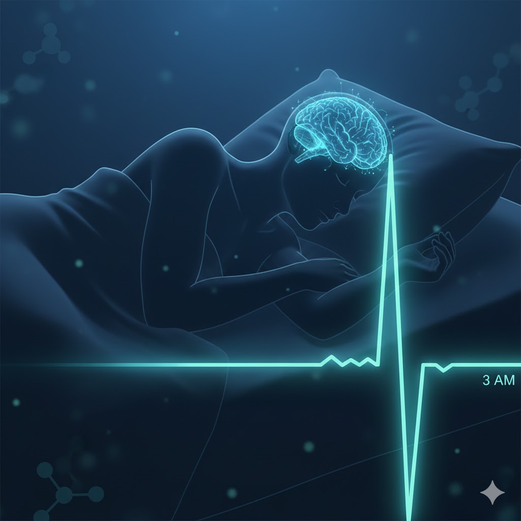 Nighttime anxiety showing brain stress response disrupting sleep.