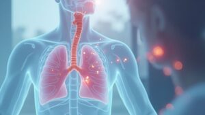 Scientific illustration showing how nitric oxide (NO) produced in the sinuses acts as a natural bronchodilator, relaxing and widening the airways for easier breathing.