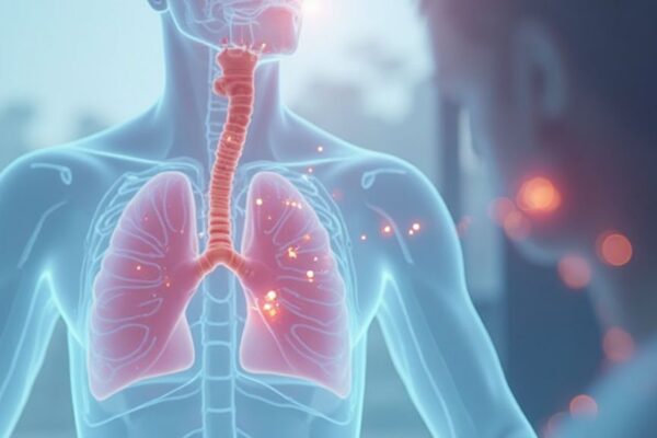 Scientific illustration showing how nitric oxide (NO) produced in the sinuses acts as a natural bronchodilator, relaxing and widening the airways for easier breathing.