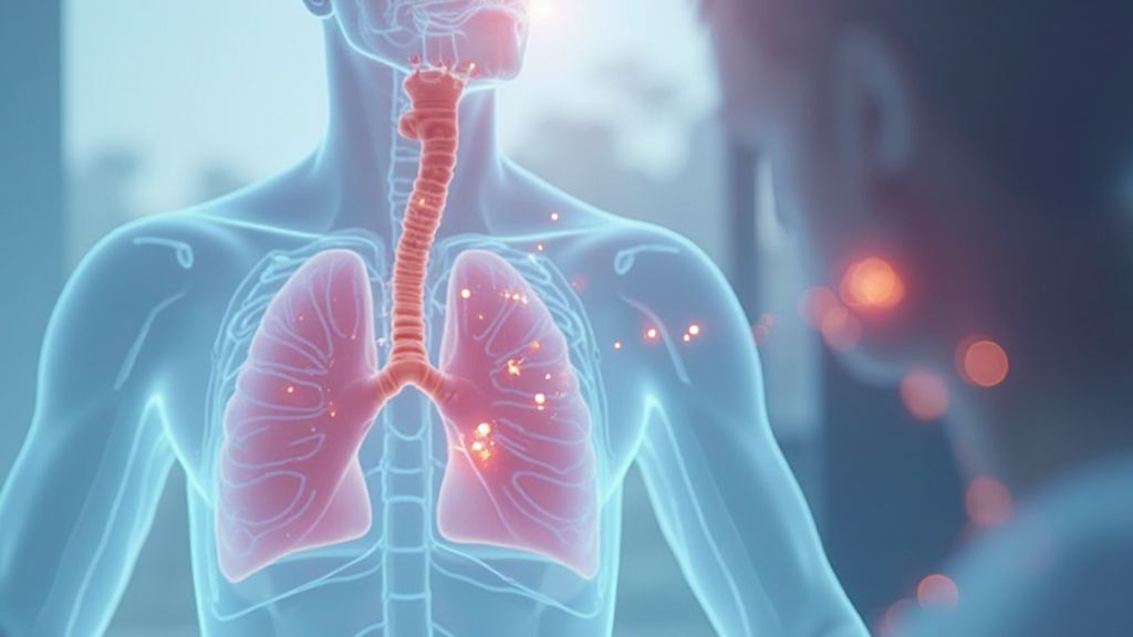 Scientific illustration showing how nitric oxide (NO) produced in the sinuses acts as a natural bronchodilator, relaxing and widening the airways for easier breathing.