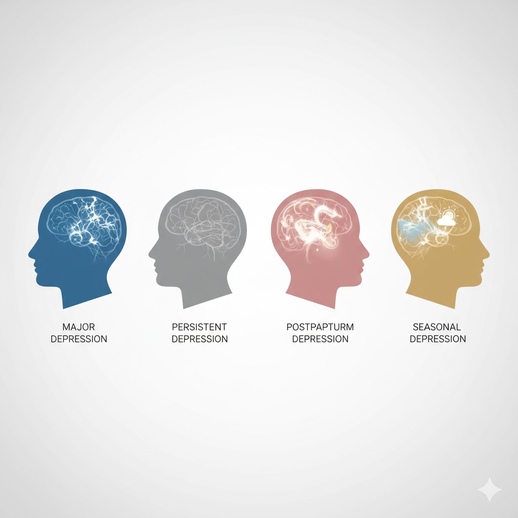 Types of depression explained including major depression, persistent depressive disorder, postpartum depression, and seasonal affective disorder.