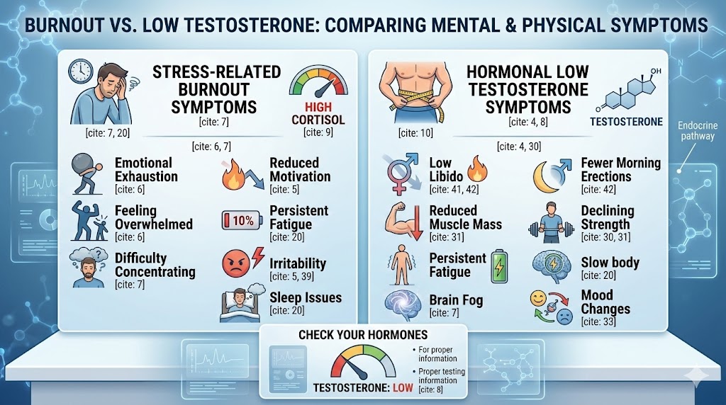 burnout vs low testosterone symptoms infographic