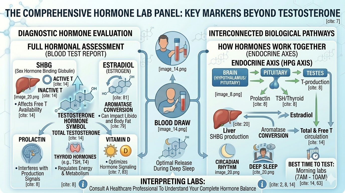 Medical infographic visualizing a comprehensive hormone lab panel including testosterone, SHBG, estradiol, prolactin, thyroid hormones, and vitamin D markers.