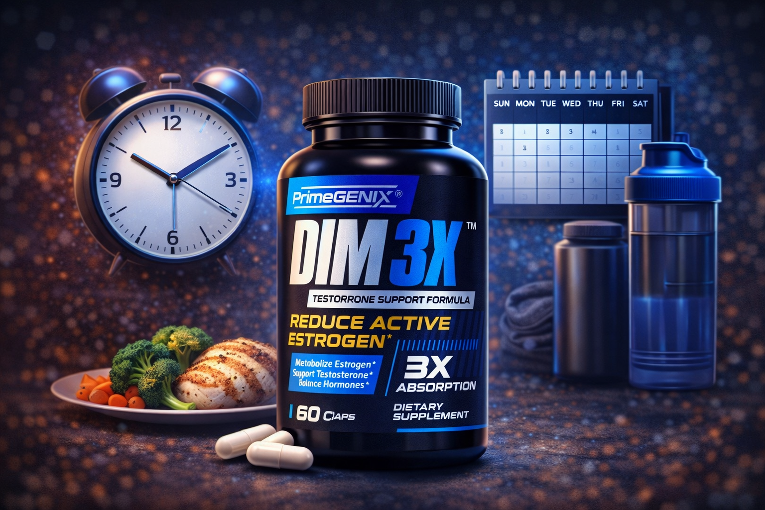 DIM 3X dosage infographic showing timing and daily supplement routine