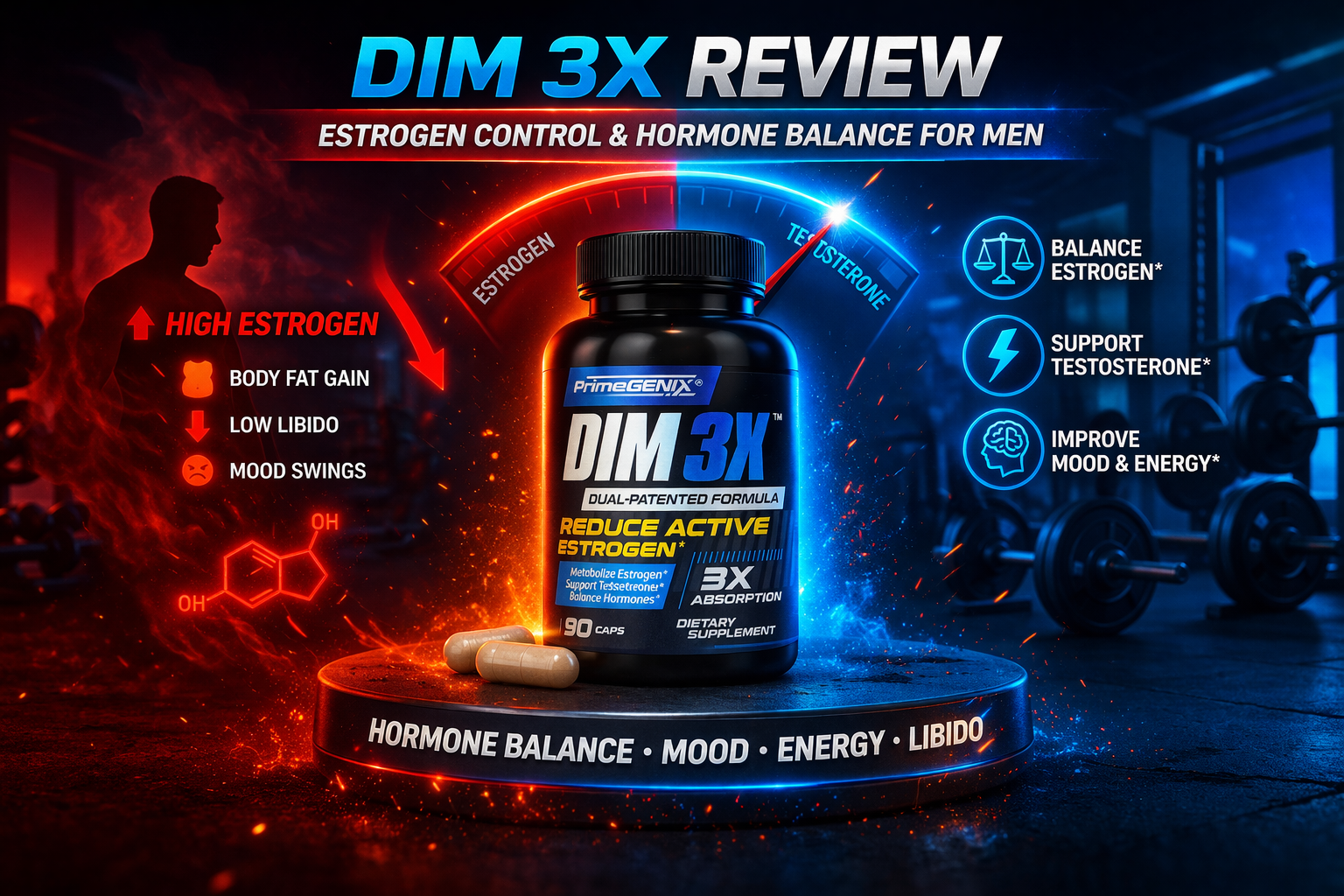 DIM 3X supplement showing estrogen balance and testosterone support concept