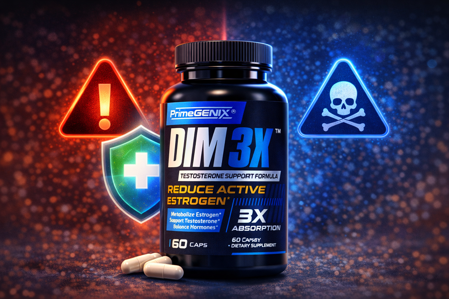 DIM 3X side effects and safety infographic showing hormone balance and protection
