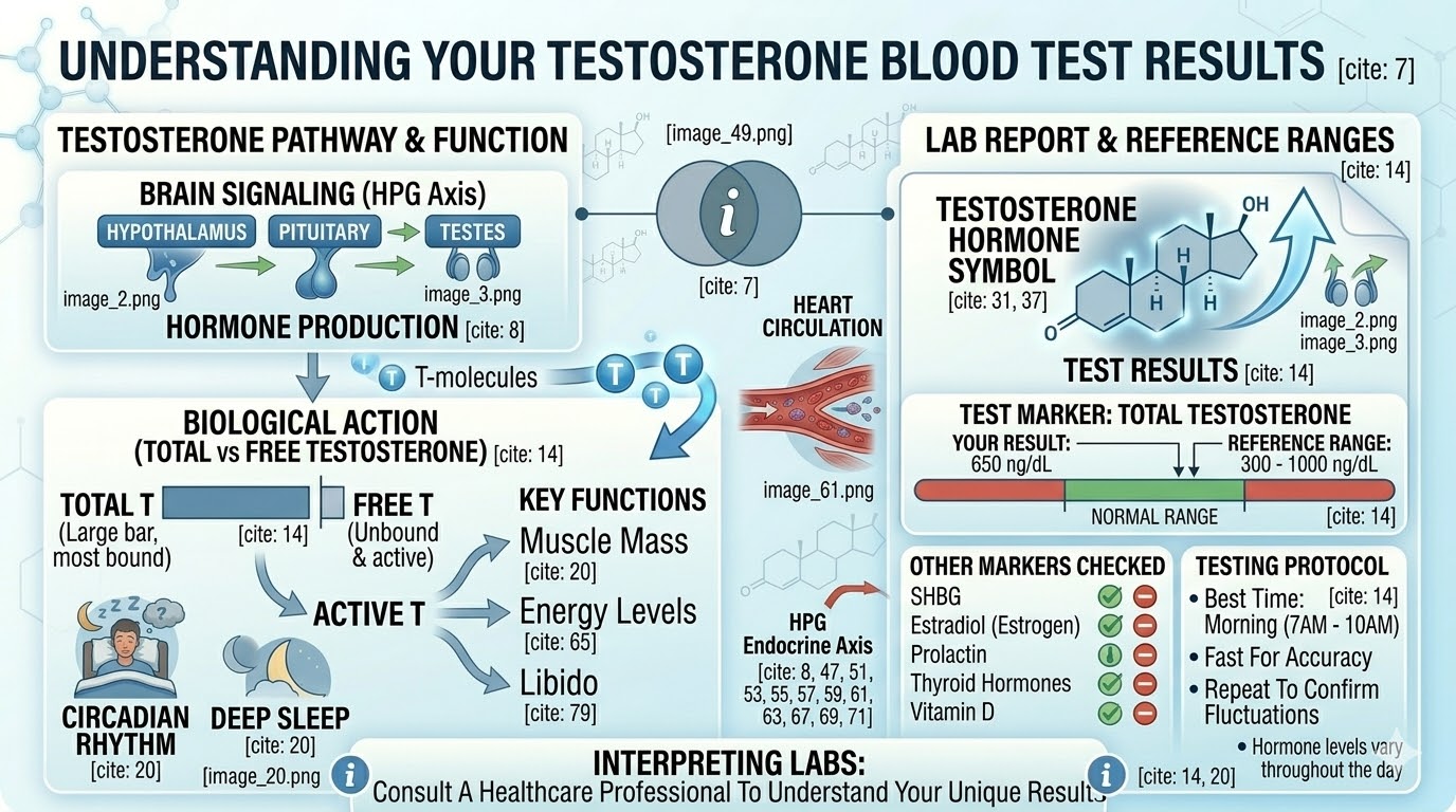 A medical infographic explaining how to read testosterone lab results, highlighting total vs free testosterone, reference ranges, and proper testing protocols.