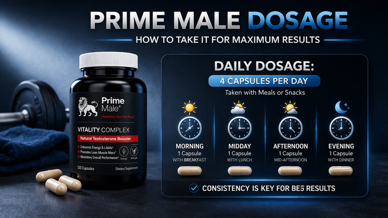 Prime Male dosage guide showing capsules timing and schedule
