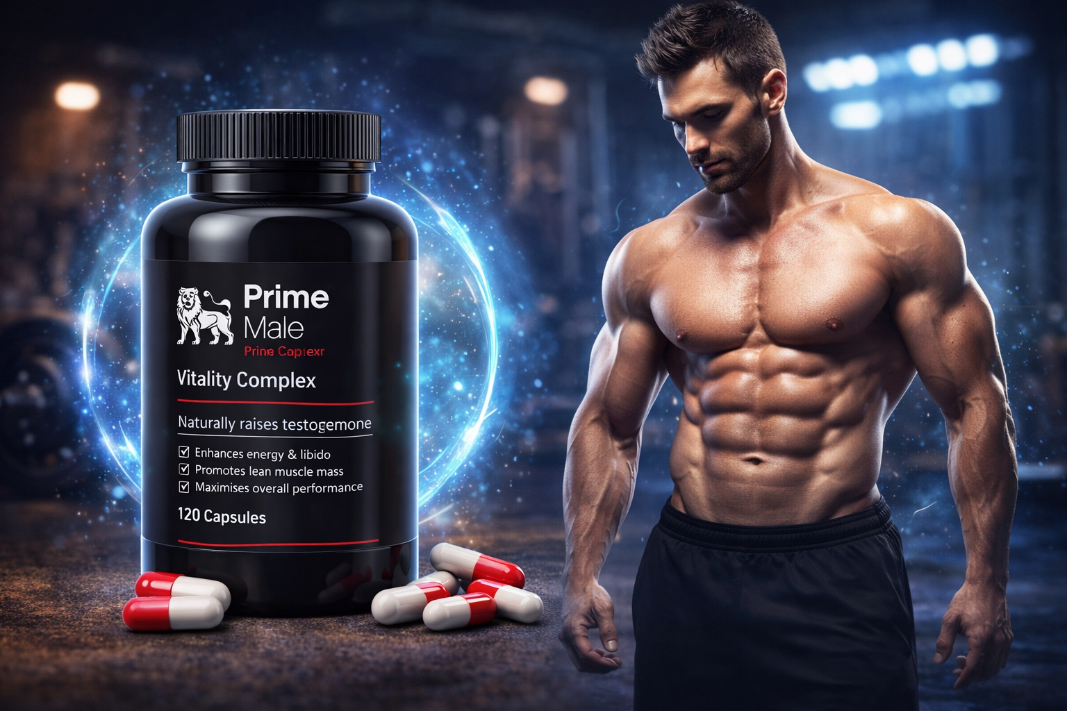 Prime Male testosterone booster review showing supplement and male performance concept