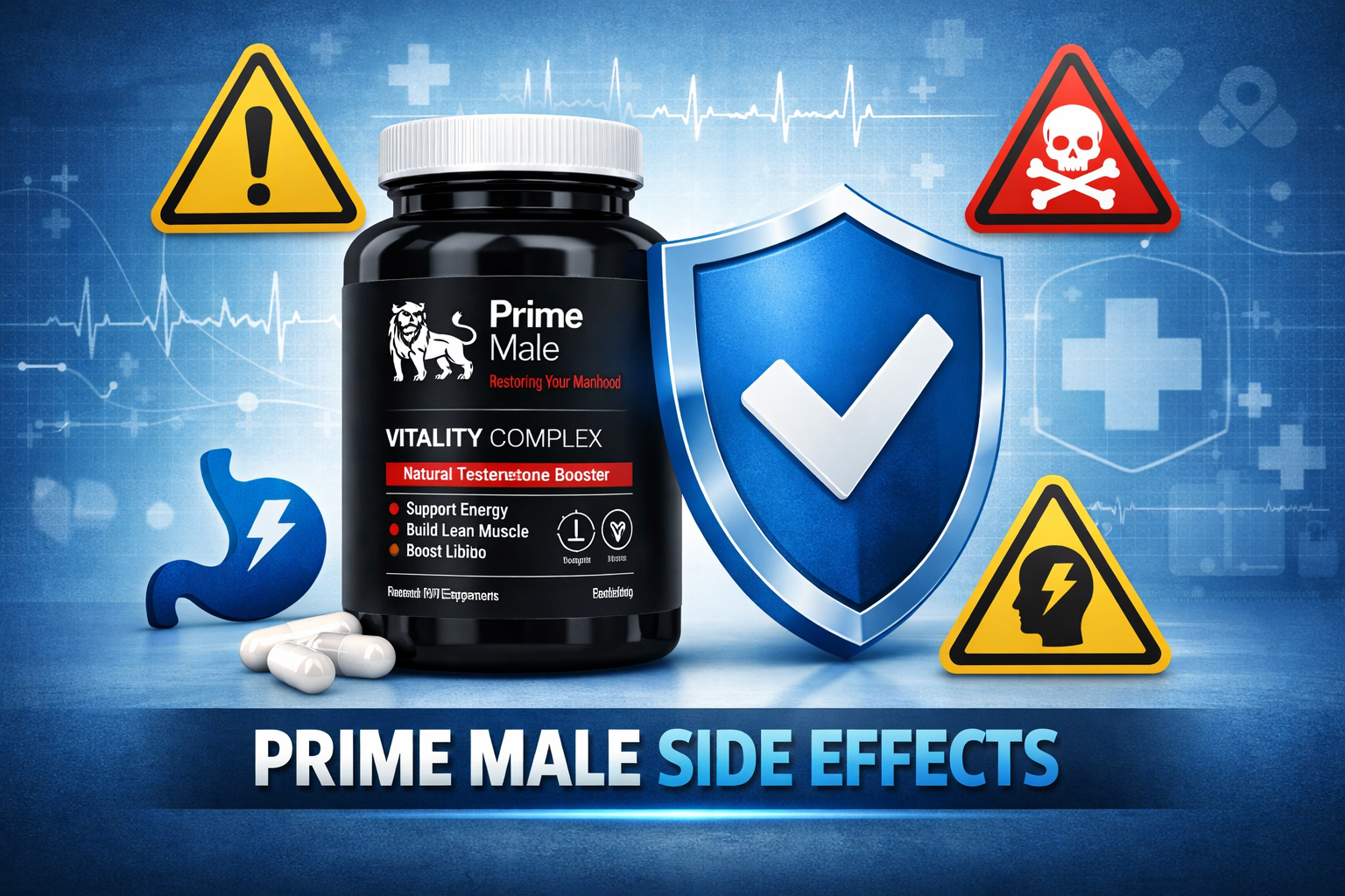 Prime Male side effects safety infographic with warning icons