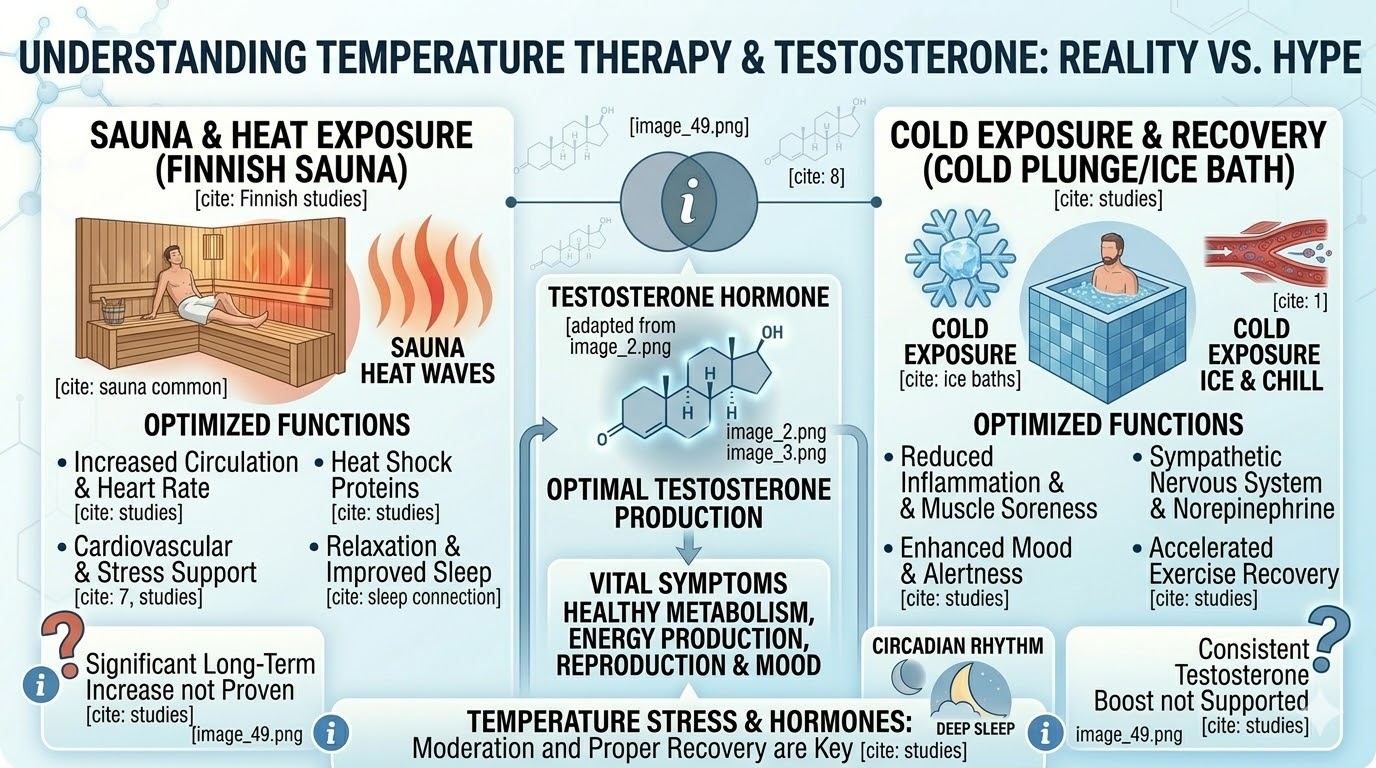 Medical infographic comparing the effects of sauna heat exposure and cold plunges on testosterone, recovery, and circulation.