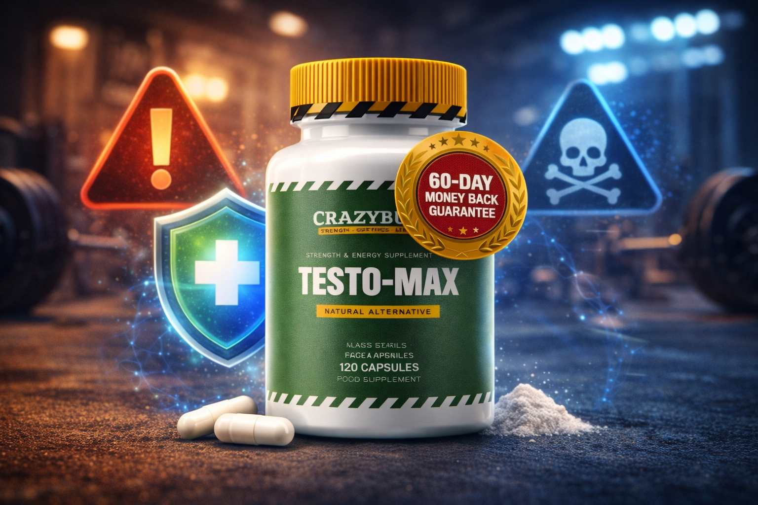 Testo-Max side effects safety overview with testosterone supplement bottle