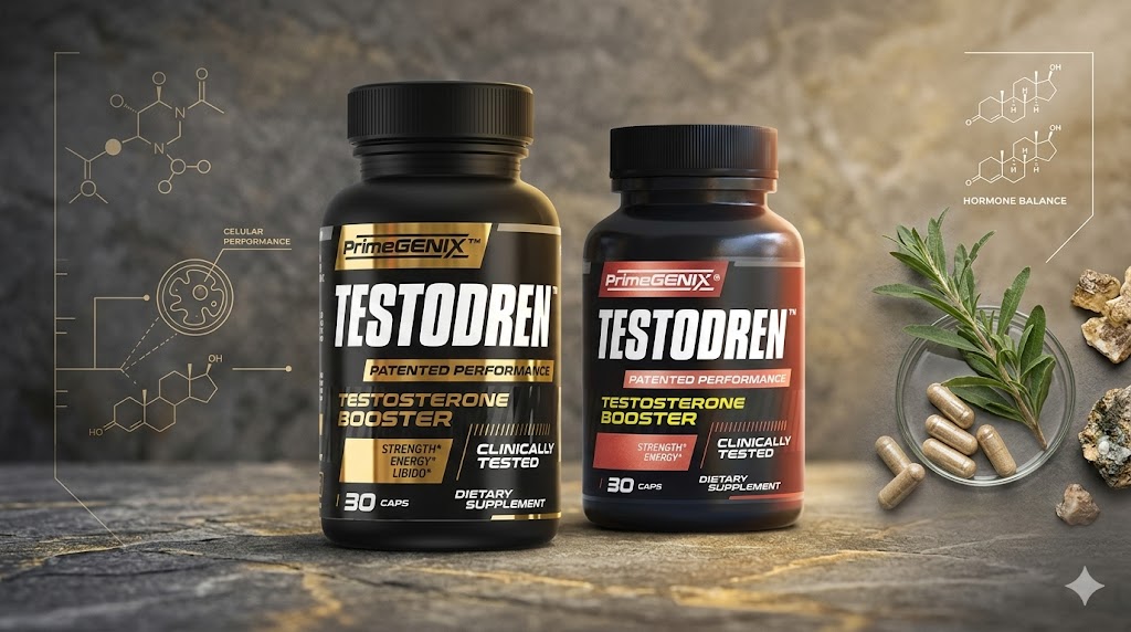 Testodren supplement bottle on dark blue background with Furosap® badge and review text overlay.