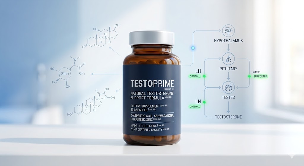 TestoPrime testosterone supplement review bottle on medical background