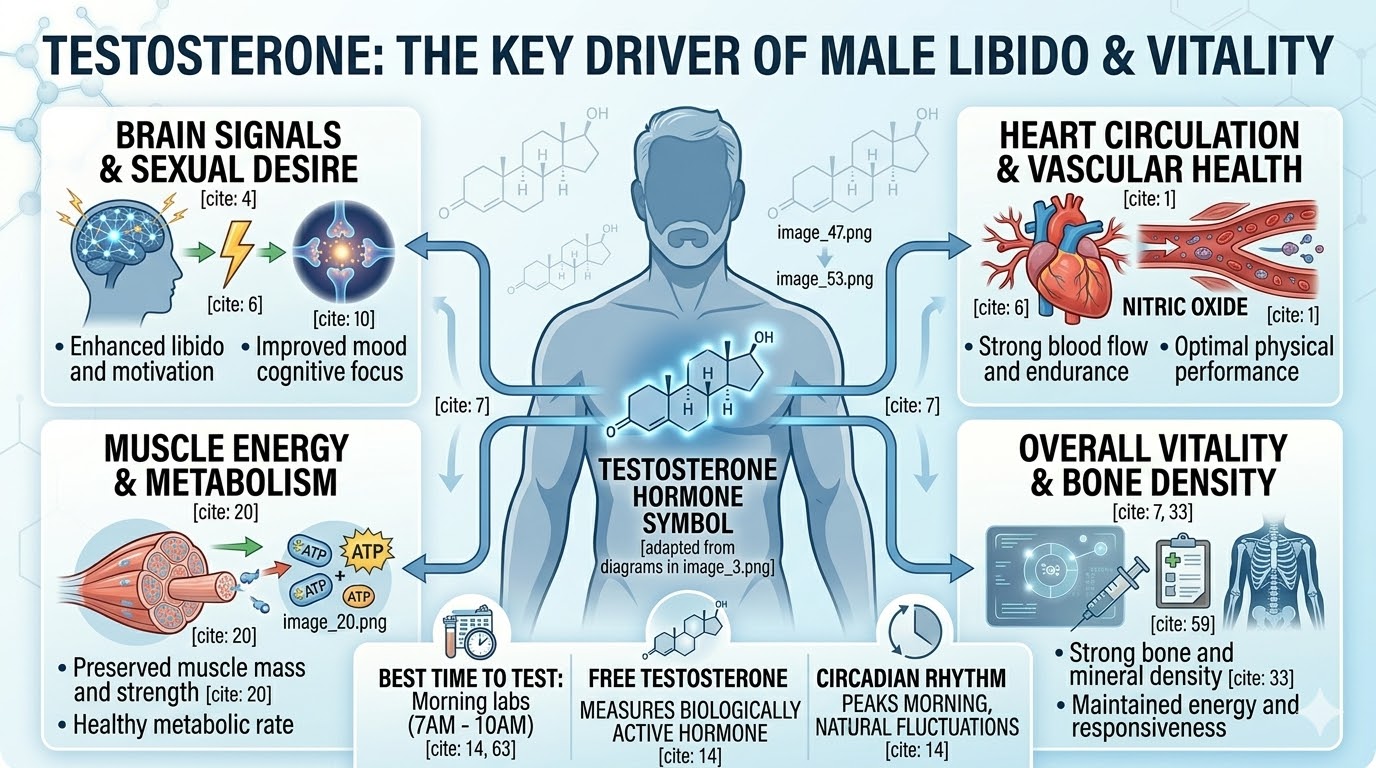 Medical infographic showing the impact of testosterone on male libido, brain signaling, heart circulation, and muscle metabolism.