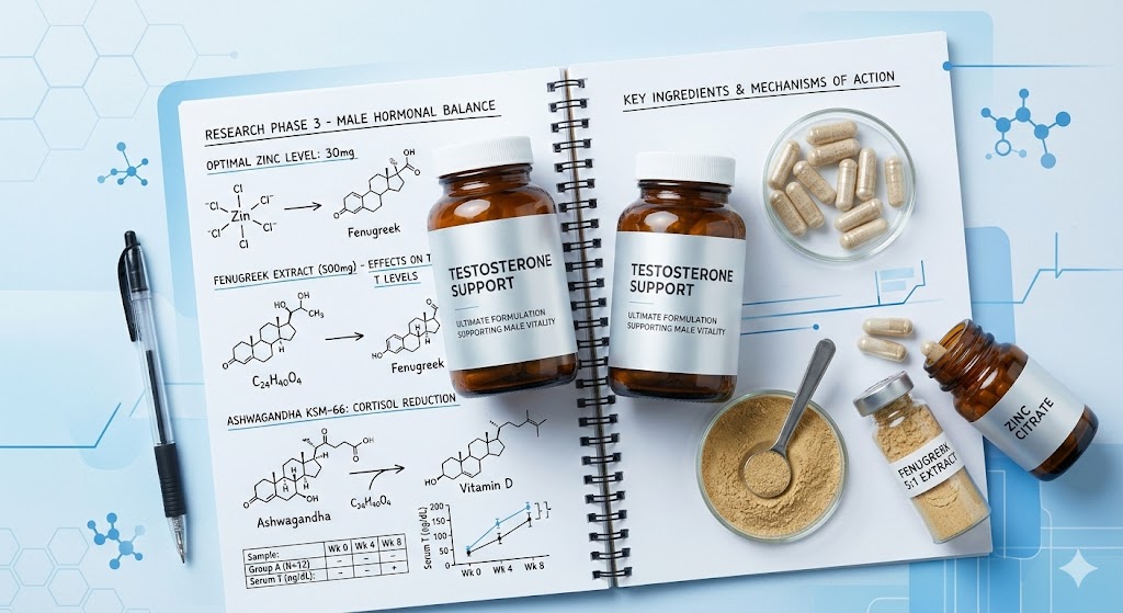 Testosterone supplements and ingredient overview for men’s hormone support.