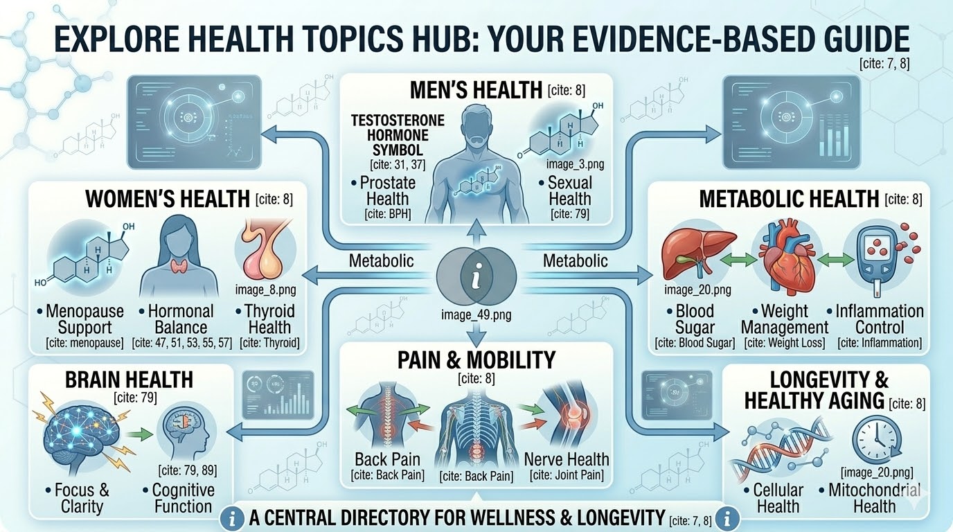 Comprehensive health topics directory for The Health Knowledge Base featuring Men's Health, Women's Health, Metabolic Health, and Longevity.