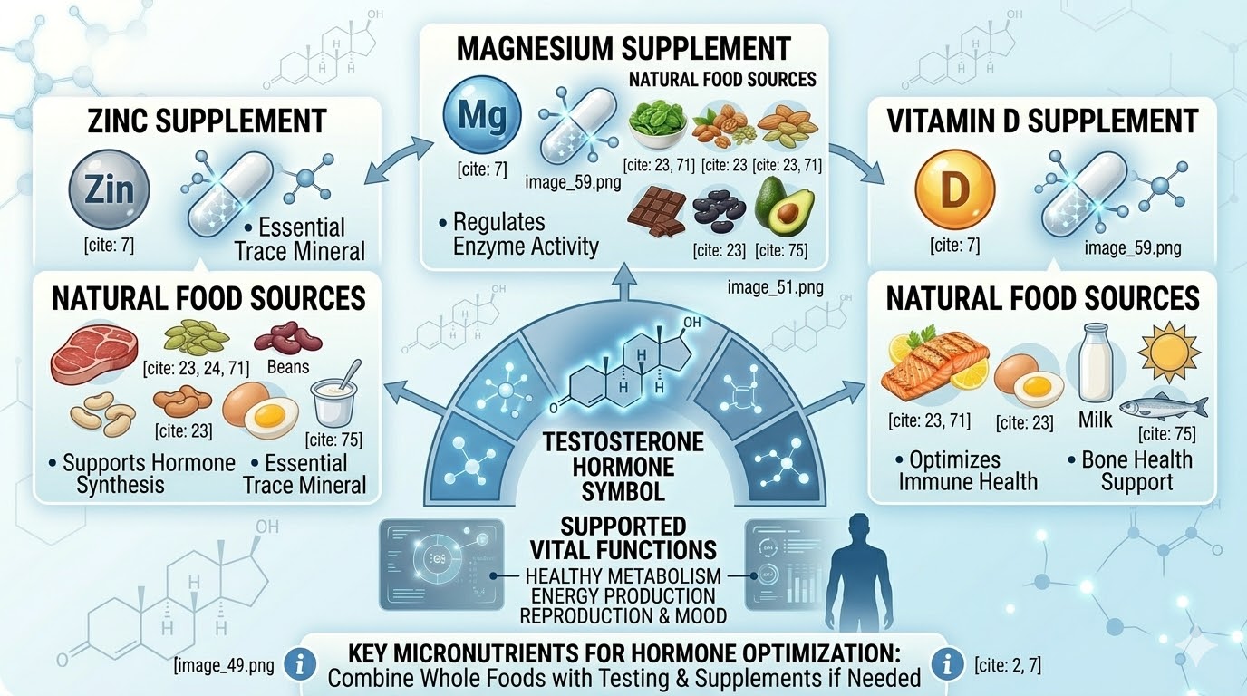 Medical infographic detailing how Zinc, Magnesium, and Vitamin D support testosterone synthesis, immune health, and enzyme regulation.