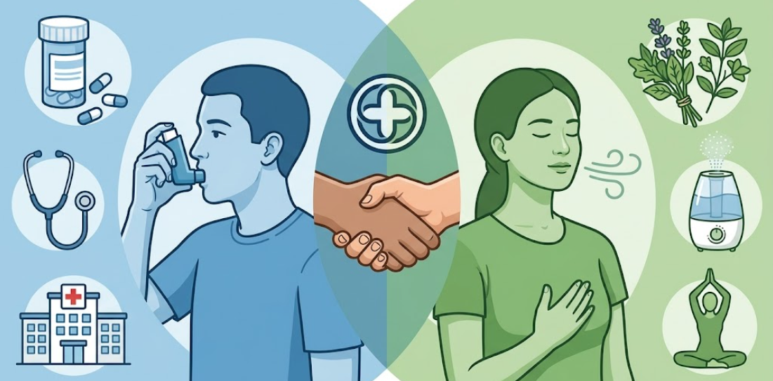 Comparison of conventional and natural lung treatments showing when to use each approach and how they work together integratively.