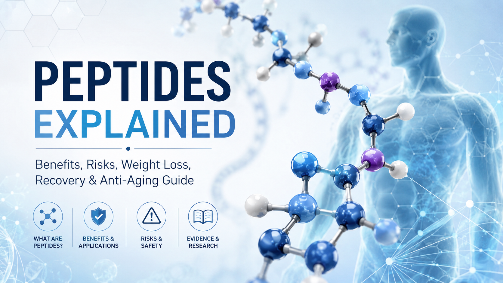 Abstract peptide molecule chains on a medical blue background for a beginner guide to peptides
