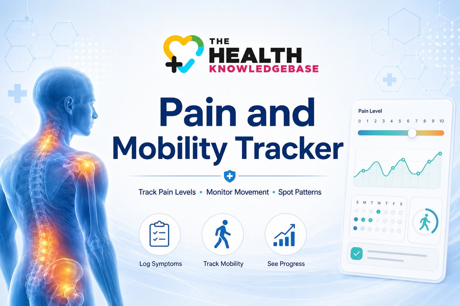 Pain and mobility tracker showing highlighted pain areas, a pain-level scale, symptom chart and movement tracking dashboard.